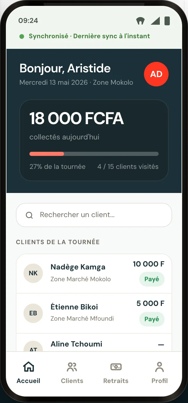 Application mobile ndakti : tournée du collecteur et clients déjà visités.