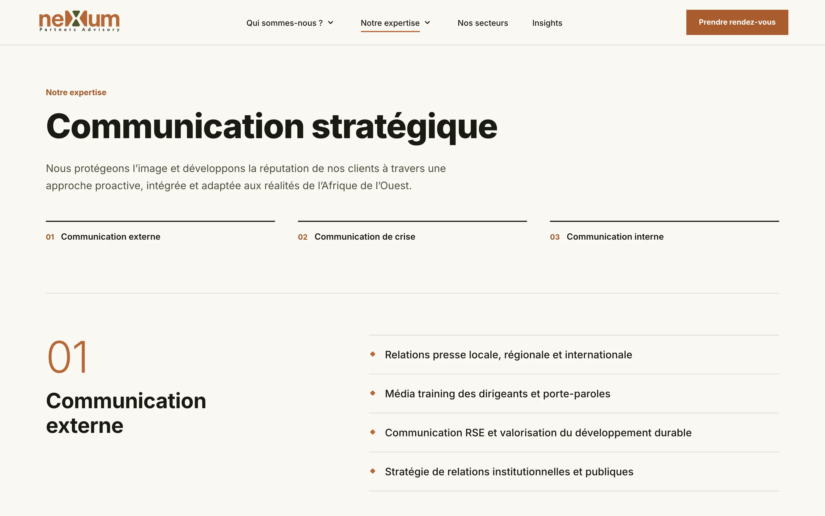 Page « Communication stratégique » du site Nexum.